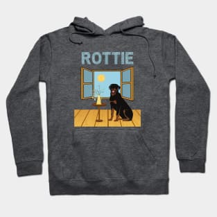 Rottweiler Dog (Rottie) Indoors with Window and Floral Spring Decoration Hoodie
